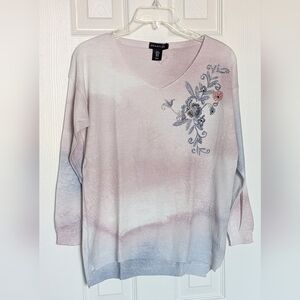 Amaryllis Womens (Size M) Pastel Tie-Dyed V-Neck Sweater w/ Floral Embroidery